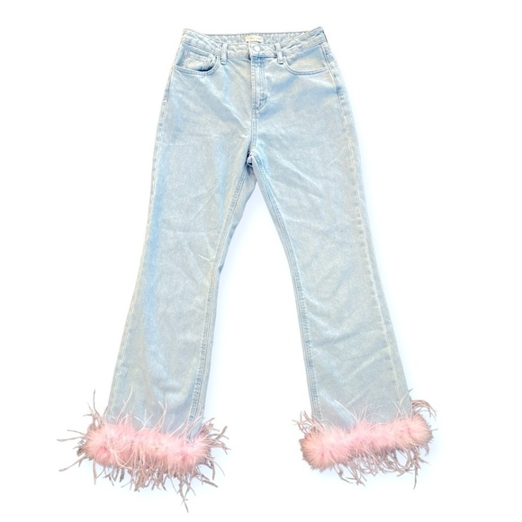 GIANNI BINI x Nastia Liukin Straight Leg Pink Feather Hem Jeans Size 28 NEW